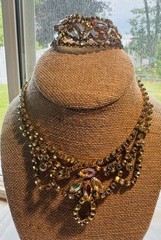 Vintage Unmarked Aurora Borealis AB Rhinestone Necklace Bracelet Gold-Tone