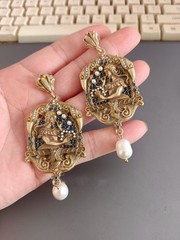 Vintage French Oil Painting Pearl Dangle Drop Earrings Court Gold Statement Gift