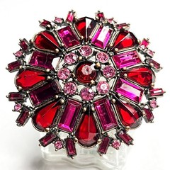 VTG Large Flower Snowflake Brooch Pin Red Fuchsia Pink Purple Glass Rhinestones