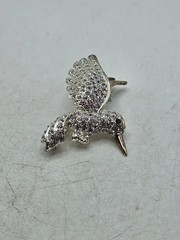 Vintage HummingBird In Flight Brooch Pin Silver Tone Rhinestones With Green Eye
