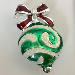 DANECRAFT Christmas Ornament Pin Silver Tone Red & Green Enamel Sparkles