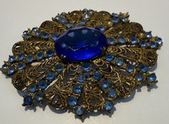 Vintage Antique Czech Gilt Filigree Cobalt Blue Glass Brooch Pin-Estate