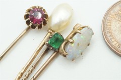 4 ANTIQUE VICTORIAN / GEORGIAN ENGLISH GOLD & GEMSTONE STICKPINS NATURAL PEARL