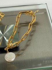 Mayamar (24K Gold Plated) Chunky Link Choker Necklace & Bracelet w/ Pearl Charm