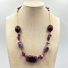 Vintage Style Purple Beaded Illusion Necklace Bronze Tone Boho Statement Fashion