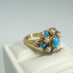 Antique Victorian 14k Gold Ring w Persian Turquoise and Seed Pearls size 6.75