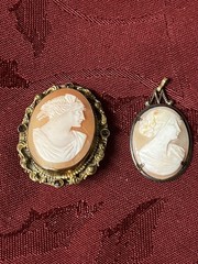 2 Antique Shell Cameo Brooches Pins One Is Ornate & Bejeweled