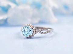 Round Cut Aquamarine Halo Engagement Ring Wedding Ring Anniversary Gift For Her