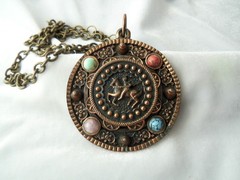 Vintage Copper Brass Faux Gemstone Knight Crest Shield Brooch Pendant Necklace