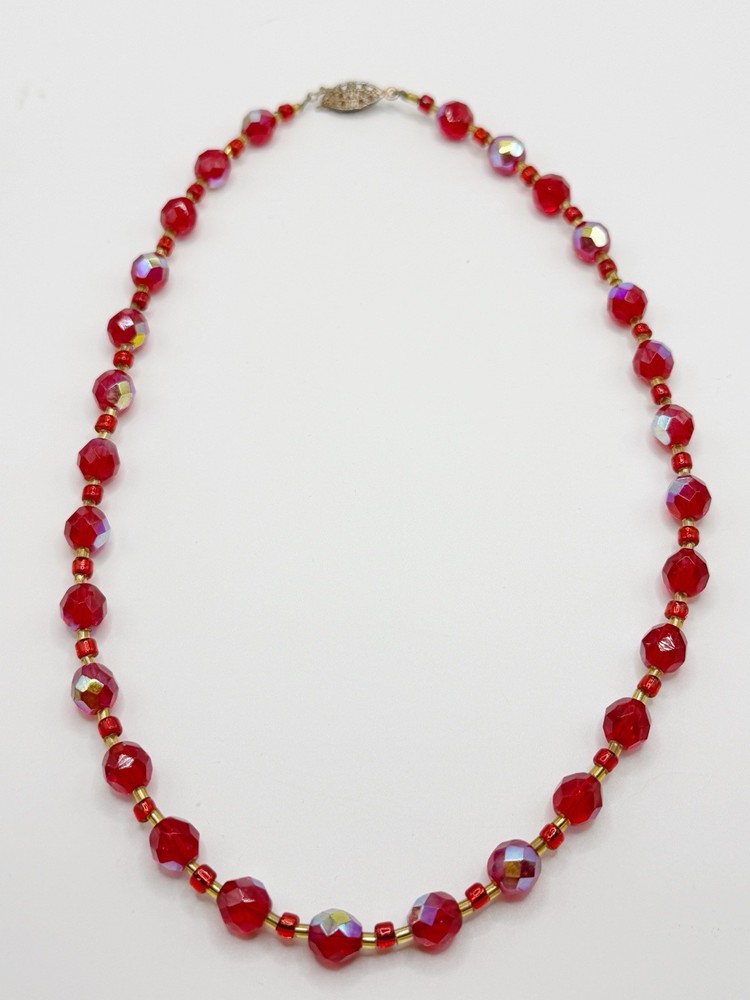 Vintage Faceted Ruby Red AB Glass Beaded Necklace 17.5”