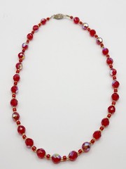 Vintage Faceted Ruby Red AB Glass Beaded Necklace 17.5”