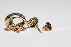 Vintage Circa 1970s 18k Gold Natural Rose Cut Diamond And Emerald Drop Earring