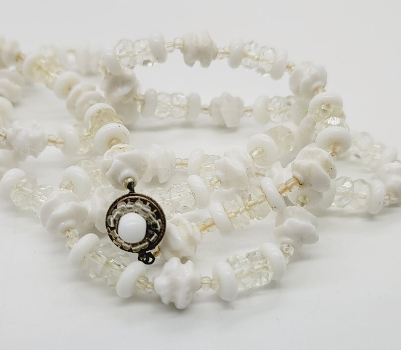 Miriam Haskell Beaded Necklace 31 in White Vintage Asymmetrical Signed