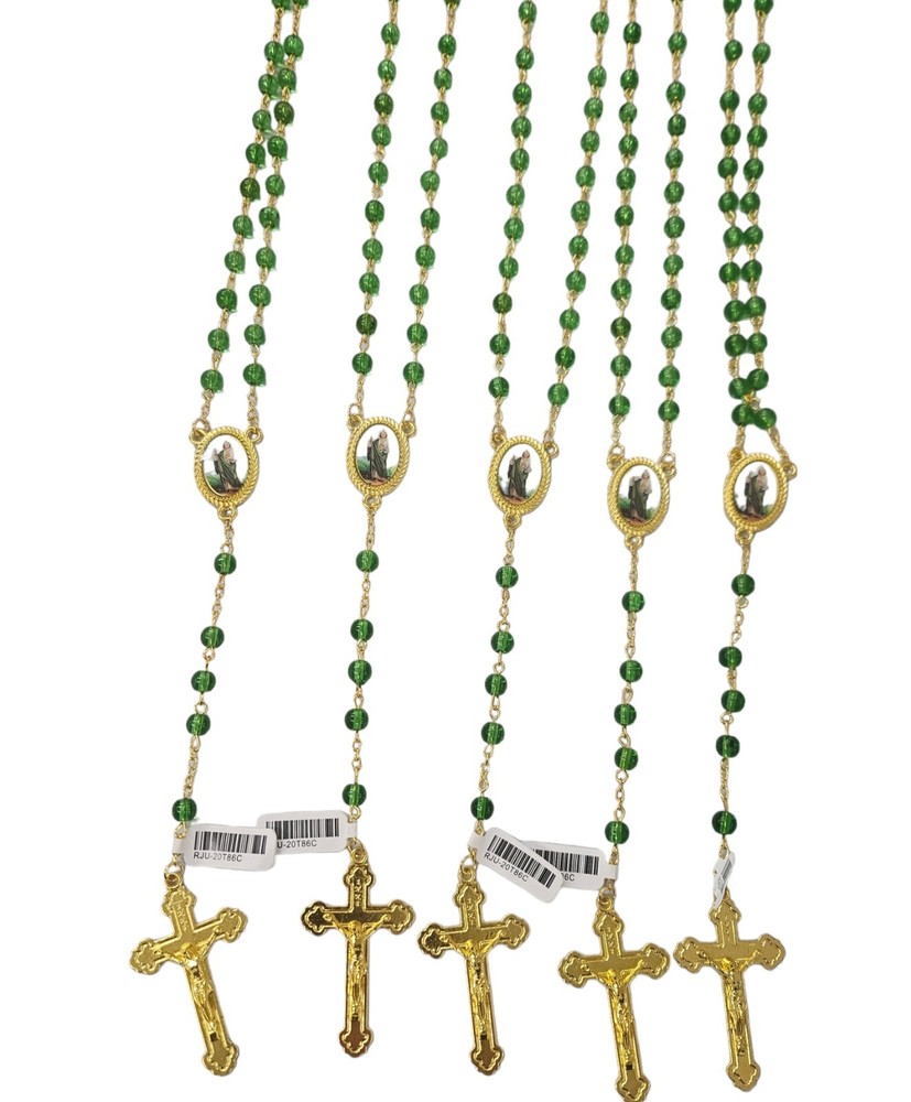 Set of 12 x San Judas Tadeo Rosario / St Jude Thaddeus Green Glass Rosary