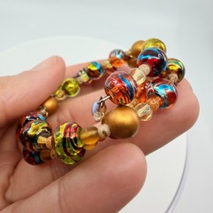 Vintage Gold Tone Lampwork Art Glass Beaded Coil Wrap Bracelet Chunky Boho 90s