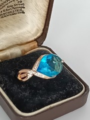 Vintage 1990-s 14 Ct Rolled Gold Blue Topaz Ring Size UK O US 7 1/2- Hallmarked