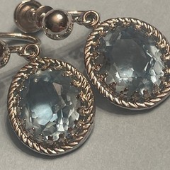Vintage 1950 Danecraft Sterling 925 Screw On Earrings Blue Glass Oval Drop R33