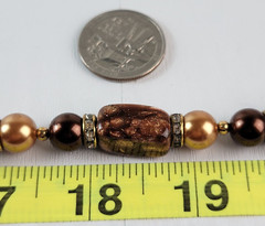 Vtg. Golden Brown Millefiori Glass Faux-Pearls Rhinestones Beaded Necklace 15″