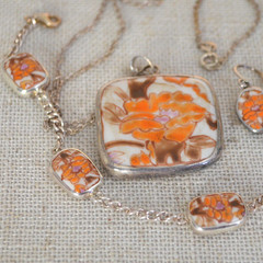 Vtg 70s Italian Sterling Silver Ceramic Floral Jewelry Set Necklace Bracelet Erg