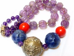 Vintage Carved Amethyst, Lapis, Laquer Beads Necklace, Sterling Bead, Clasp