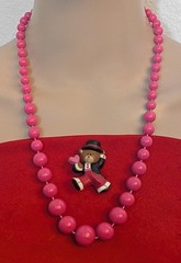 1986 Hallmark Bear Heart Pin + Pink Beaded Necklace Valentine Day Jewelry Bundle