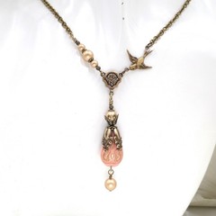 Victorian Style Brass Bird Necklace Pink Acrylic Bead Gold Pearl Handmade Unique