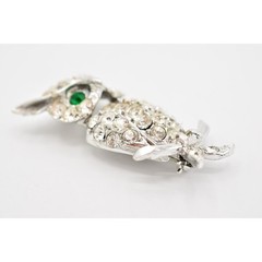 Vintage Crystal Owl Brooch Pin Rhinestone Green Eyes Silver Tone Sparkling Bin1