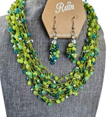 VTG Rain Beaded Necklace Multi Strand Cluster Hook Earrings Set Silver Green Lot