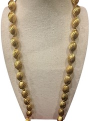 Signed Crown Trifari Vintage Gold Tone Ribbed Oval Bead Opera Long Necklace