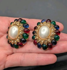 CINER Jewels Of India Moghul Glass Faux Pearl Clip On Gold Tone Earrings ⚠️Read