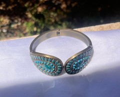 Vintage Antique Bronze Turquoise Faux Stone Statement Hinged Cuff Bracelet