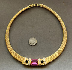 Vintage Christian Dior Pink Crystal Rhinestone Gold Tone Omega Collar Necklace