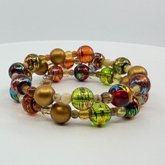 Vintage Gold Tone Lampwork Art Glass Beaded Coil Wrap Bracelet Chunky Boho 90s