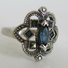 Sterling Silver Ring Blue CZ & Marcasite 2.7g Size 7 [6075]