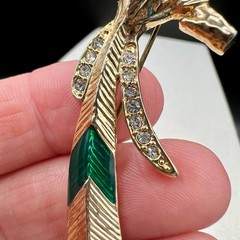 Vintage Blue Green Enamel Bird Brooch Gold Tone Perched Figural Pin Rhinestone