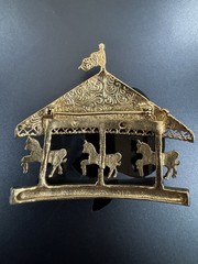 Vtg 1928 Jewelry Company Gold Tone Brooch Pin Carousel Horses Pink Roses
