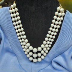 Vintage Japan 3 Strand White Glass Bead Necklace Gold Tone Graduated 1950s