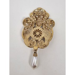Jeff Lieb Purple Cabochon Gold Tone Brooch Pin Rhinestones Faux Pearl Drop VTG