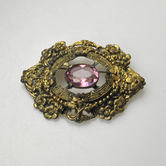 Vintage Brooch Czech Style Brass Floral large Glass Stone wear rehab T14