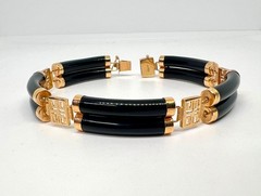 14K Yellow Gold Black Onyx Bracelet, Vintage Onyx Link Bracelet, Double Row Onyx