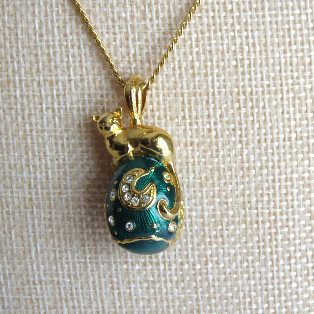 Vintage Edgar Berebi “Golden Cat on the Moon” Enamel Egg Pendant Necklace