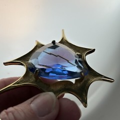 Atomic Blast Brooch Pin Signed BSK Gold Tone Blue Stone Starburst Vintage MCM