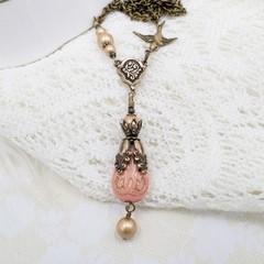Victorian Style Brass Bird Necklace Pink Acrylic Bead Gold Pearl Handmade Unique