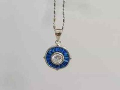Art Deco Style Lab Created Diamond Sapphire Engagement 14K White Gold FN Pendant