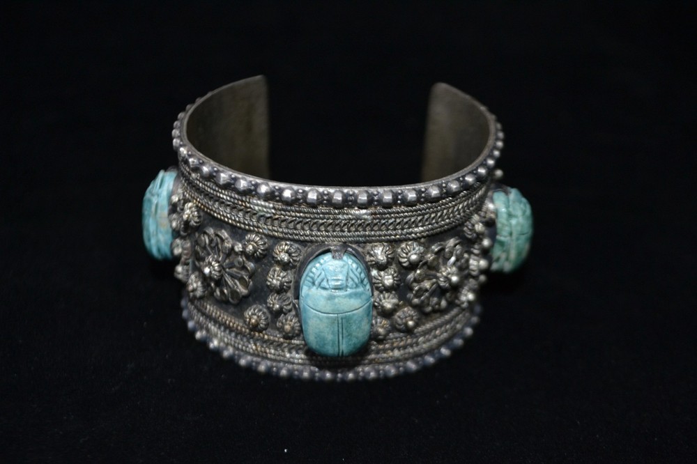 Vintage Revival Scarab Cuff Bracelet Sterling Silver With 3 Turquoise Stones