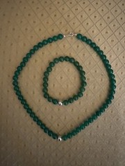 19.5” Vintage Green Peking Glass Necklace Bracelet Faux Jade Beaded Parure Set