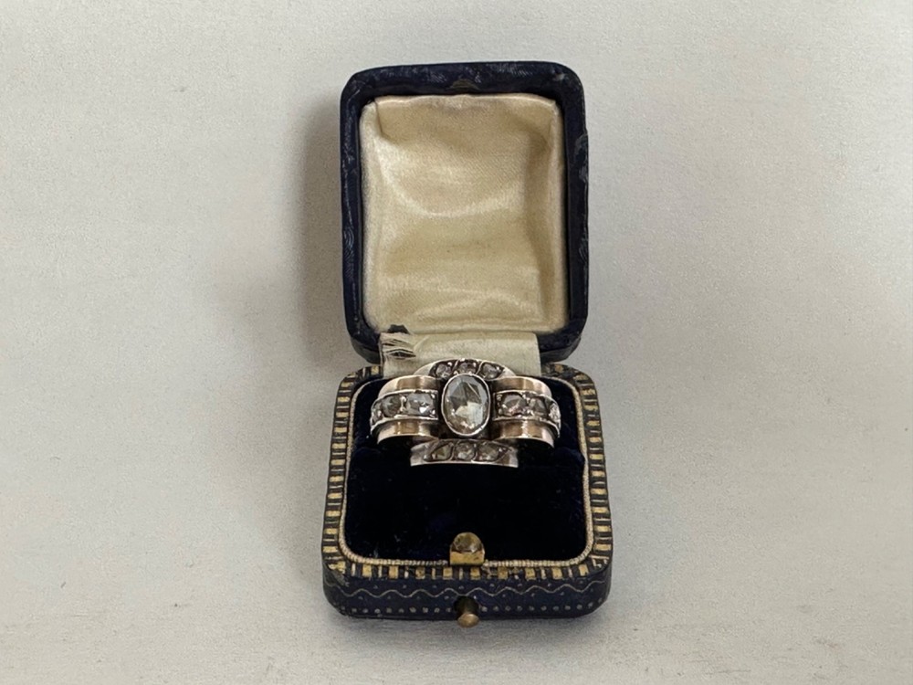 Antique Rare 14k Georgian Rose gold Large Retro Rose Cut Diamond Ring, Sz 7.5