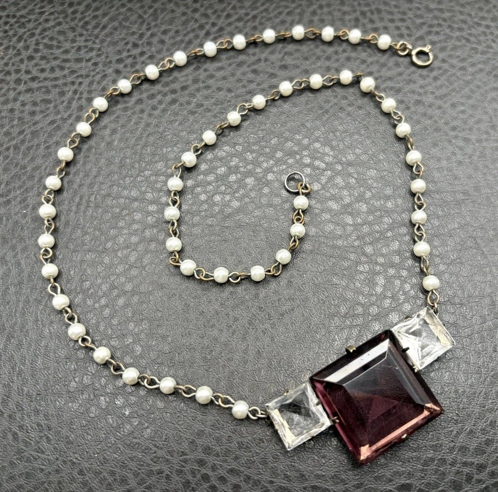 Vintage Art Deco Pearl & Purple Glass Pendant Necklace 925 Silver Clasp READ