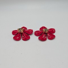 VTG Bright Red-Gold Metal Enamel Flower Power Brooch & Clip On Earring Set