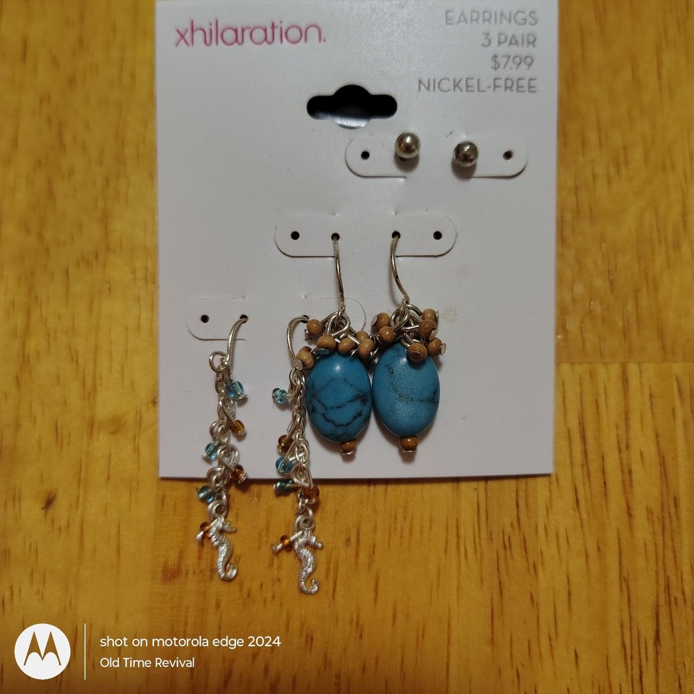 Xhilaration 3 Pair VTG Earring Set Faux Turquoise Seahorse Nickel Free NOS Y2K